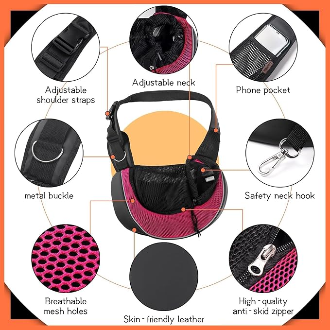 YUDODO Pet Sling Carrier for 2-5 lbs Small Dogs & Cats – Hands-Free Puppy Carrier with Safety Hook, Large Zipper Pocket, Soft Breathable Mesh, Adjustable Strap & Reflective Strip (Pink 3.0 S)