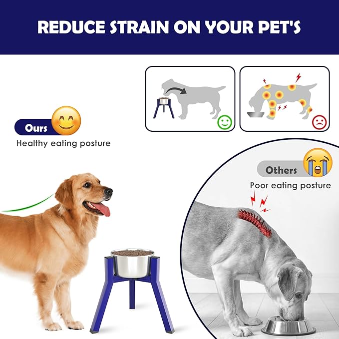 SHAINFUN Blue Raised Dog Bowl Stand, Adjustable Width Tall Elevated for 7-10.6" Bowls, Food Water Feeder, Metal Single Raised Holder, 11" Tall (Bowl Not Included)