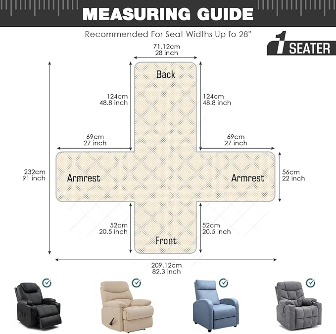 TAOCOCO Waterproof Recliner Chair Covers with Leg Strap 1 Piece Oversized Recliner Covers for Large Recliner for Pets Kids, Washable Reclining Chair Furniture Protector(28'' Oversized, Bluish Grey)