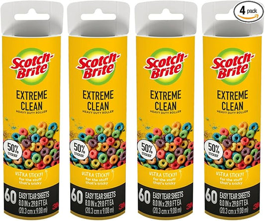Scotch-Brite 50% Stickier Large Surface Roller Refill, Works Great On Pet Hair, 60 Sheets - Pack of 4