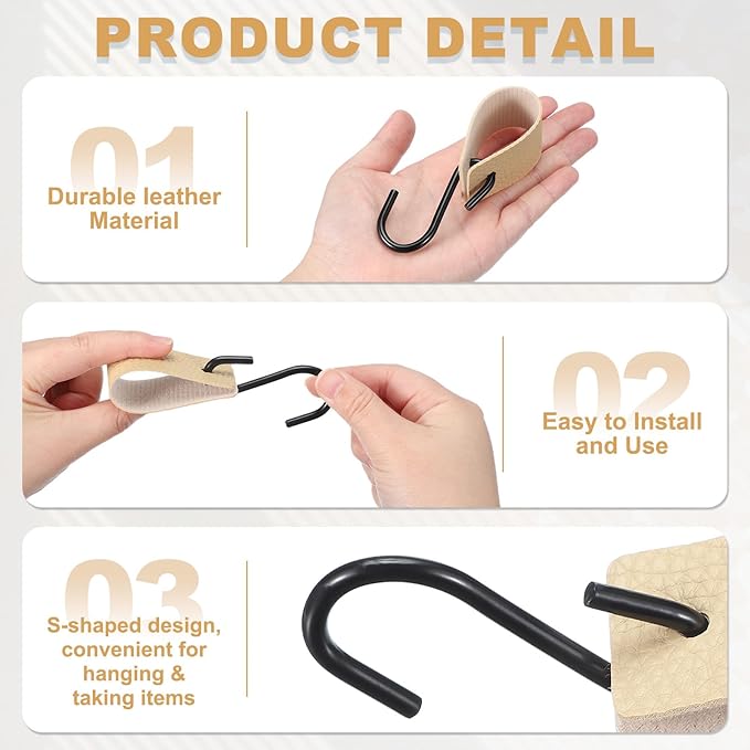 uxcell 6 Pcs PU Leather S Hooks, Multifunctional S Shaped Hooks for Hanging Coat Towel Camping Kitchen Bathroom Handle, Beige