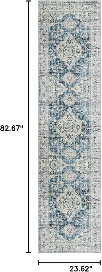 Lahome Oriental Washable Runner Rug Non Slip, 2x7 Rug Runners for Hallways Kitchen, Ultra-Thin Hallway Rugs for Laundry Room Bathroom Bedroom Eleanor, Blue