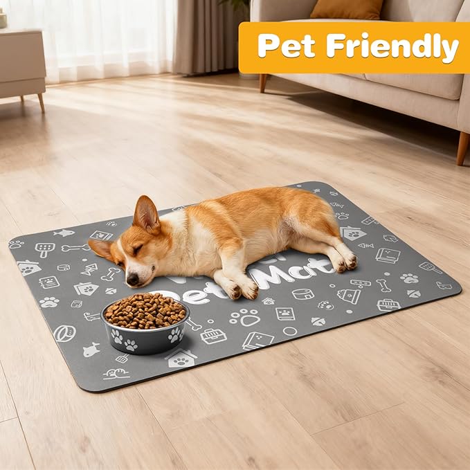 Pet Feeding Mat,Dog Cat Mat for Food and Water,Dog Bowl Waterproof Placemat with Rubber Backing,Absorbent Quick Dry Water Dispenser Mat for Pet（Dark Gray 17"×29"）