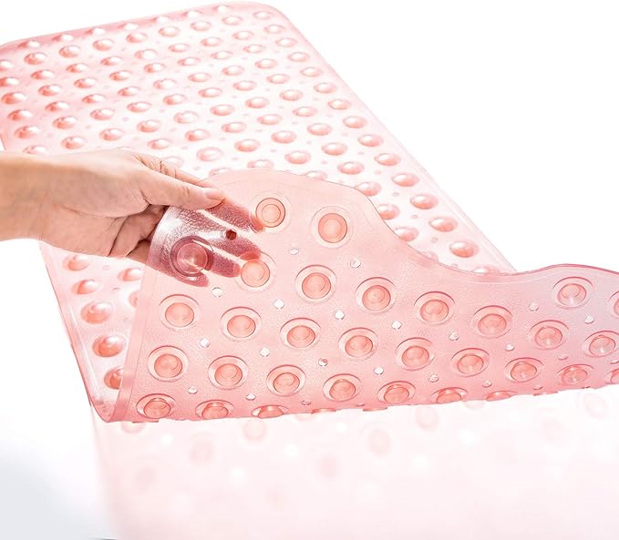 Bathtub Mats for Shower Tub, Extra Long Non-Slip 39 x 16 Inch Bath Mat with Drain Holes and Suction Cups, BathMat for Bathroom with Machine Washable (Clear Coral Pink)