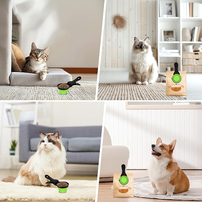 PNEUICALLY Collapsible Dog Food Scoop Foldable Pet Food Bag Clip 3 in 1 Multi-function Silicone Cat Food Measuring Cup Scoop Dog Food Scooper Pet Food Storage Clip (Green, 1/2 Cup Capacity(1 Pack))