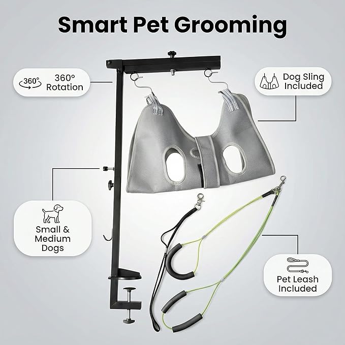 360 Rotatable Dog Grooming Arm with Clamp,Foldable Adjustable Height Dog Grooming Table Arm with Hammock and Restraint Dog Leashes,Pet Grooming for Small Medium Dogs at Home or Salon