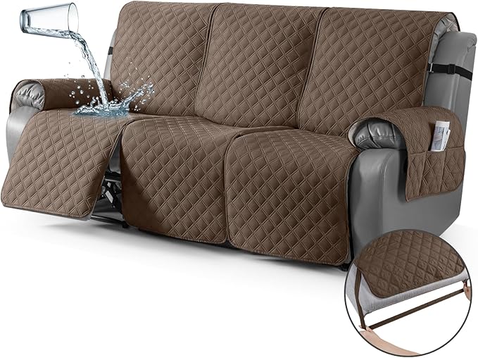 TAOCOCO 100% Waterproof Recliner Couch Covers, Recliner Sofa Covers with Leg Straps, 1-Piece Washable Reclining Sofa Cover with Pocket Couch Protector for Pets Kids(3 Seater, Brown)