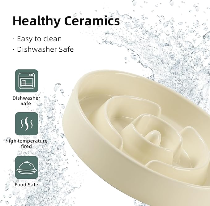 Ceramic 3.2 Cup Slow Feeder Dog Bowl for Large Dog, 9.5inch Puzzle Food Dish, Anti-Gulping, Stop Bloat, Preventing Choking (Single Bowl-Beige)