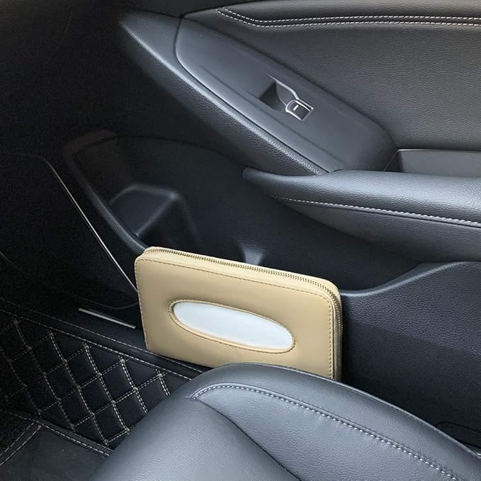 Car Tissue Holder, Sun Visor Tissue Holder, Car Visor Napkin Holder, PU Leather Backseat Tissue Case Holder for Car Vehicle with Zipper (Beige)