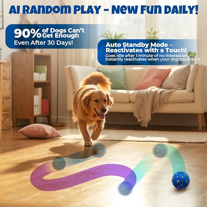 Fsitego Dog Balls: Interactive Dog Ball Auto Rolling - Interactive Dog Toys for Aggressive Chewers - Bouncy & Throwable, Type-C Rechargeable, Washable, for Small & Medium & Large Dogs – Blue