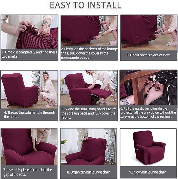 KEKUOU Recliner Chair Covers Lazy Boy Recliner Covers Stretch Couch Cover Slipcovers 1 Piece Furniture Protector with Elastic Bottom for Dog,Kids.(Recliner, Wine)