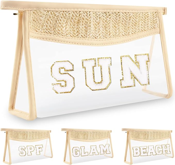 Boho Clear Makeup Letter Patch Makeup Bag SUN Pouch, Clear Toiletry Bags Travel Small Cute Chenille Letter Cosmetic Zipper Pouch Purse, Transparent Waterproof Makeup Organizer Bag for Women Girls(SUN)