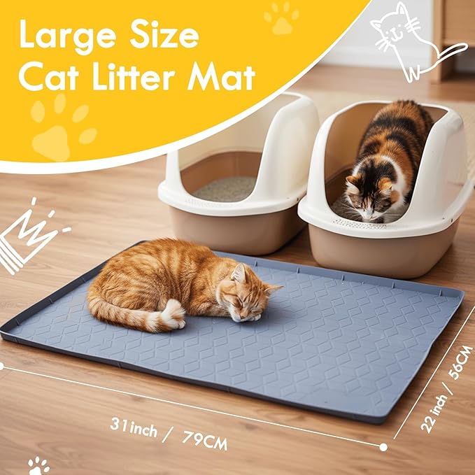 Waterproof Cat Litter Mat, Large Silcone Trapper for Litter Box & Food Bowls, Durable Kitty Floor Mat Diamond, Easy to Clean (31"X22"- Grey)