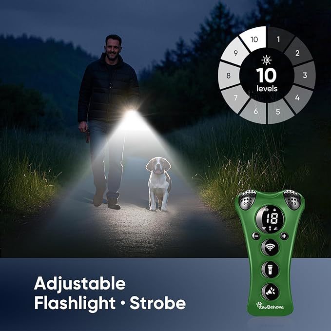 Ultrasonic Dog Bark Deterrent Device –10-Level Adjustable Anti Barking Trainer with Flashlight, Strobe, E-Clicker(18 Whistle Sounds)–No Shock, Collar-Free Dog Behavior Correction Devices