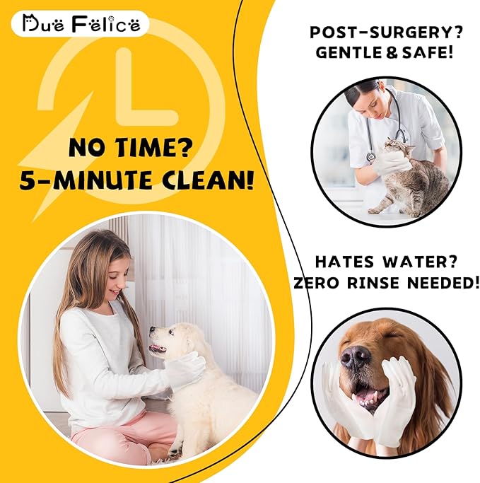 Pet Glove Wipes for Dogs Cats - Unscent Dog Washing Wipes & Waterless Cat Bathing Gloves Cleaning Deodorizing Grooming Wipe for Fur Paws Butt Face, Disposable Rinse Free Shampoo Mittens,20PCS