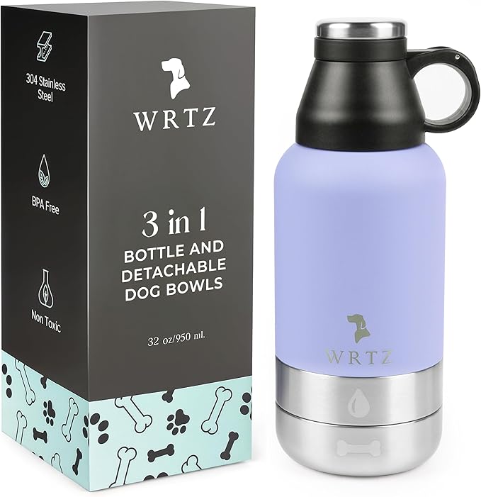 Stainless Steel Insulated Water Bottle with 2 Removable Water Bowls for Dogs – Leak-Proof Portable Dog Water Bottle - Travel Accessories for Dogs - 32oz - Lavender