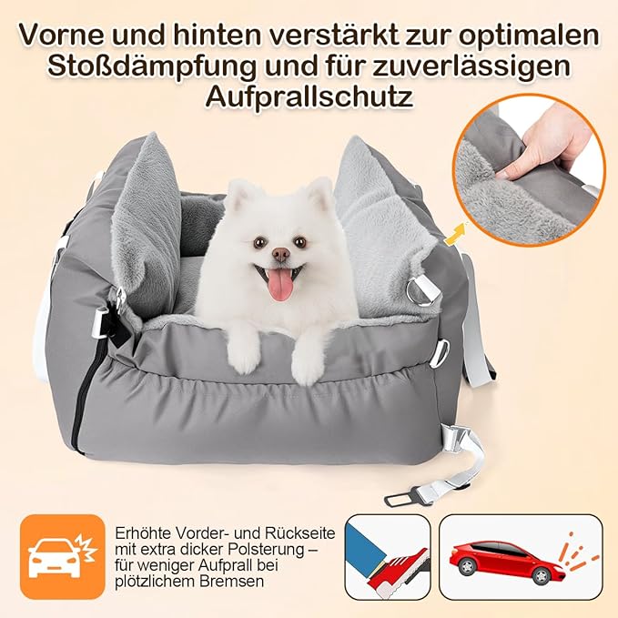 Dog Car Seat for Small Dogs with Extension Zone, Portable Washable Travel Bed for Pets up to 30 lbs, Booster Seat for Front Seat & Camping, Includes Harness Clip – Grey