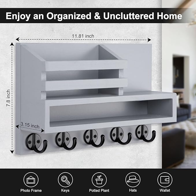 Lucundm Key and Mail Holder Wall Mount, Key Hanger with Long Storage Box and Key Hooks for Coat, Dog Leash, Home Decor Rack, House Accessories, Entry Way Organizer