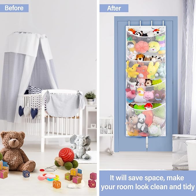 Hanging Stuffed Animal Storage, Over Door Large Plush Toy Organizer with Metal Hook, Baby Accessory Holder Idea for Nursery, Doll & Bear Mesh Hammock Bag for Girl Boy Kid Room