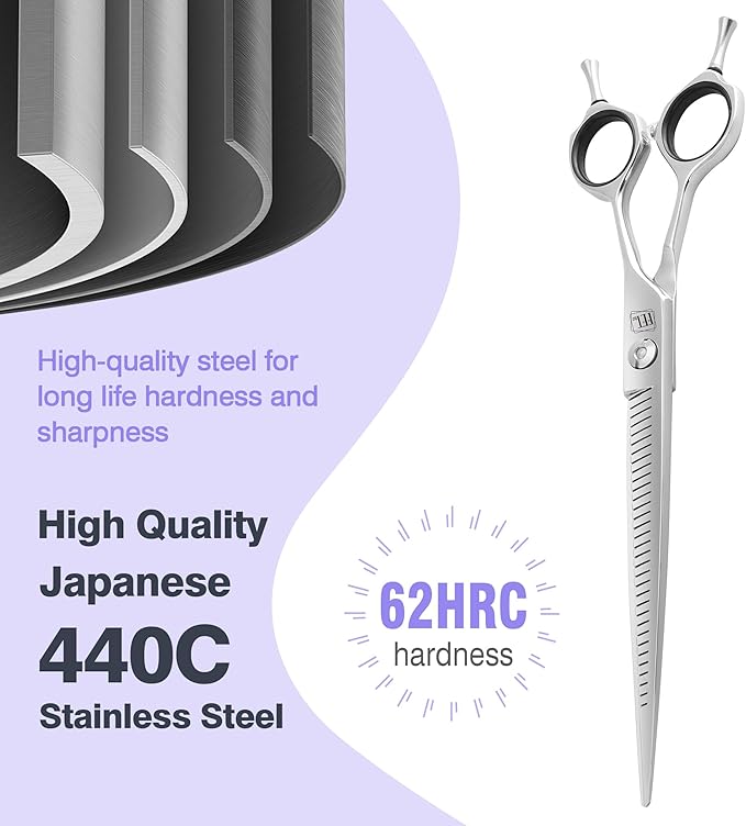 Professional Curved Thinning Scissors for Dog Grooming, 30-Degree Curvature, Japanese 440C for Trimming Dogs Cats and Other Pets face and paws (Pointy-tongued Blender)