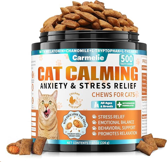 Cat Calming Treats, 500 Crunchy & Creamy Calming Cat Treats with Melatonin, Chamomile for Cats Stress and Anxiety Relief - Travel, Boarding, Vet Visits, Separation Anxiety, Chicken and Krill Flavored