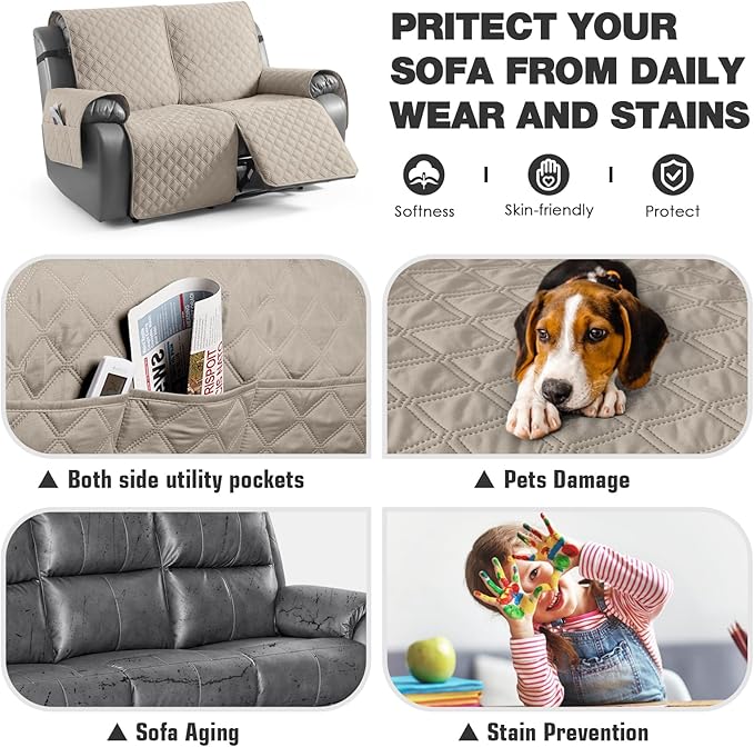 TAOCOCO 100% Waterproof Recliner Couch Covers, Recliner Sofa Covers with Leg Straps, 1-Piece Washable Reclining Sofa Cover with Pocket Couch Protector for Pets Kids(2 Seater, Apricot Pink)