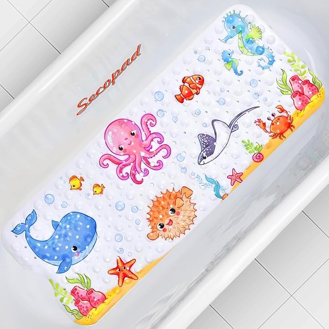 Bath Mat for Tub Non Slip, Machine Washable Anti-Slip Cartoon Baby Bathtub Shower Mat with Drain Holes and Suction Cups for Toddler & Kids, 40 Inch x 16 Inch-Rectangular, Pink Octopus