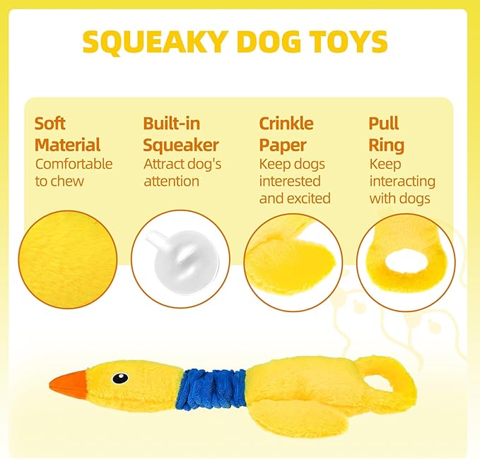 Mihachi Squeaky Dog Toys, Plush Stuffed Puppy Toys with Crinkle Paper-Tug of War Dog Toys for Small, Medium and Large Dogs Duck Interactive Squeaky Pet Toys to Keep Them Busy, Yellow Duck