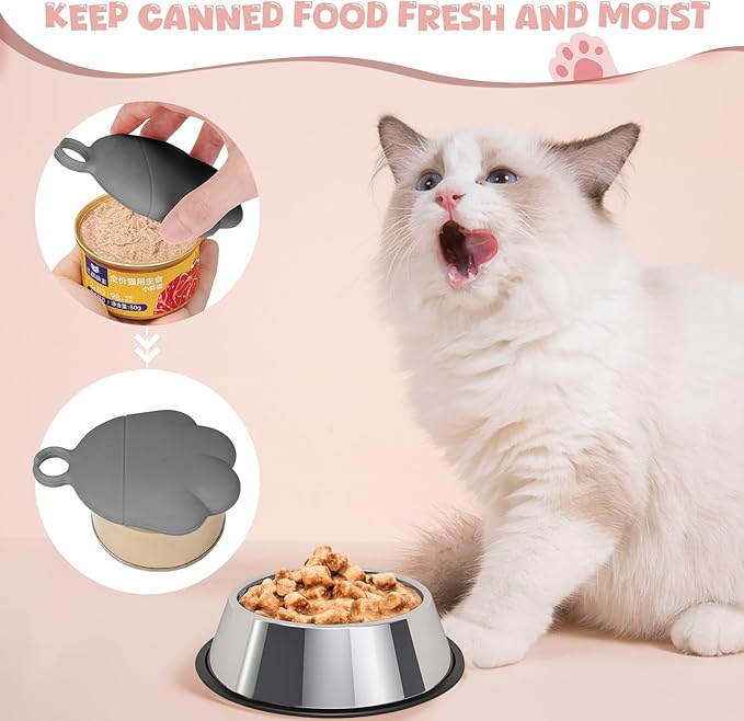 Yummy Sam 5 Pcs Pet Food Can Lids & Spoons Set, Including Wet Food Storage Can Covers for Multiple Sizes Pet Food Cans, Cat Can Opener, Cat Strip Feeder Spoon and Cat Spoons for Wet Food (Grey)