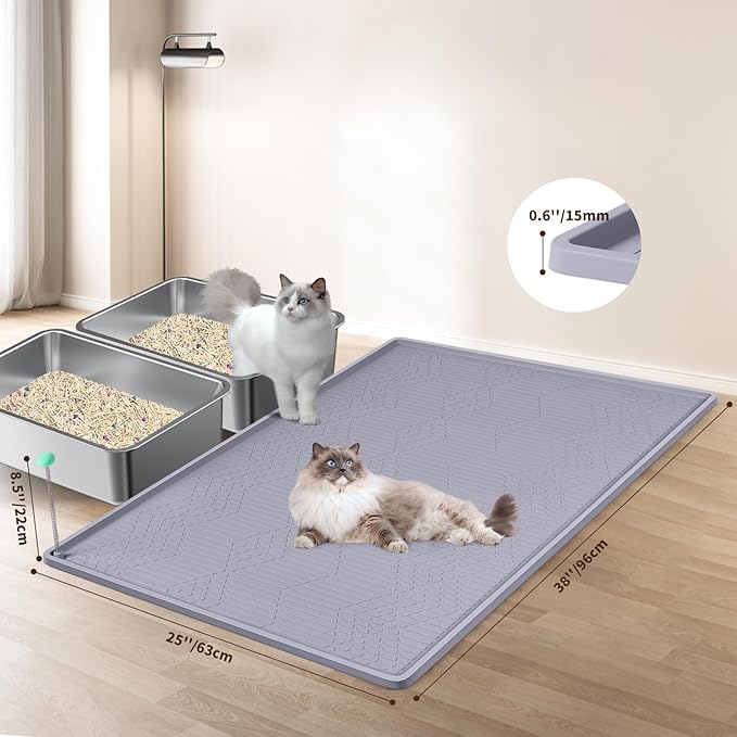 Bartuke Large Cat Litter Mat with Toy Ball, 38'' x 25'' Silicone Cat Litter Trapping Mat for Scatter Control, Soft on Kitty Paws, Easy to Clean (Light Grey)