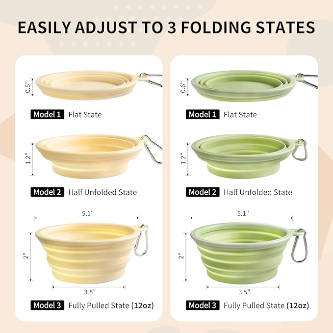Collapsible Dog Bowls 2-Pack, Portable Travel Dog Bowl with Carabiner, Food-Grade Silicone Pet Bowl for Hiking, Walking(Macaron Yellow and Green)