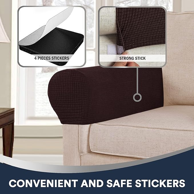 Stretch Sofa Arm Covers Spandex Jacquard Anti-Slip Couch Arm Covers with Sticker Furniture Armrest Protector for Sofa Couch Chair Recliner, Set of 2, Brown