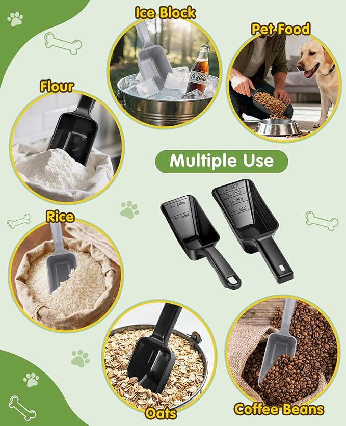 GNEOCO 2 Pack Dog Food Scoop with 1 Cup and 2 Cup Capacity, Plastic Pet Food Measuring Scoops with Clear Measurement Lines for Dogs, Cats & More,Dishwasher safe (Grey and Black)