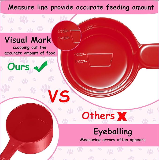 Joyinjojo Dog Cat Food Scoop - Pet Food Scoop Dog Food Measuring Cup 1/2 1/4 Cup, Comfortable Long Handle for Easy to Scoop Food, Red 1/2 Cup