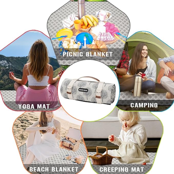 Picnic Outdoor Blankets Waterproof Extra Large - Beach Mat Sand Free Foldable with Carry Strap | Portable Camping Blanket | Park Blanket for Grass Park, Hiking, Travel, Concerts, Indoor (Black Flower)