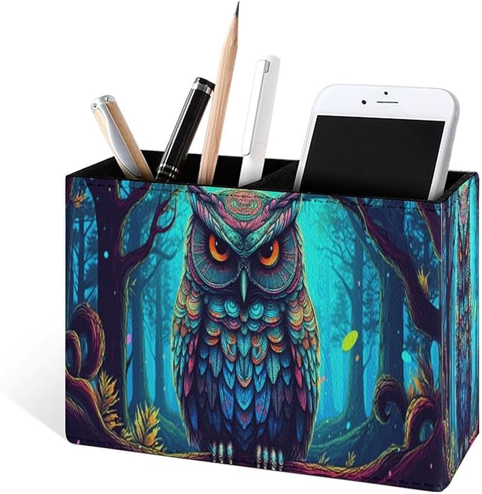 Famame Drawn Owl Pencil Holder for Desk, Leather Desktop Container Pen Cup Storage Study Table Pen Organizer Makeup Brush Holder for Classroom Office Home