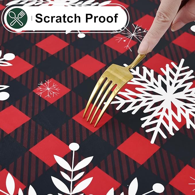 misaya Rectangle Waterproof Vinyl Table Cloth, Wipeable Tablecloth with Flannel Backing, Plastic Table Cover for Dinner, Christmas Party (Red & Black, 52" x 70")