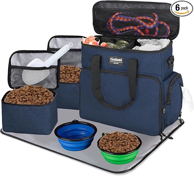 Dog Travel Bag Airline Approved–Pet Travel Tote with Collapsible Bowls,Food Containers & Feeding Mat–Multi-Pocket Organizer for Dogs & Cats, Durable & Water-Resistant for Hiking,Trips,Outdoors