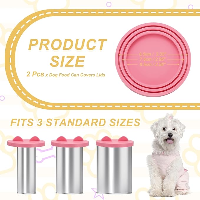 Cat Food Can Covers Lids, Dog Food Can Lids with Cute Pet Ears Shaped Silicone Toppers One Fit 3 Standard Sizes, (Pink, 2Pcs), Intended for Dog/Cat/Pet Food Cans