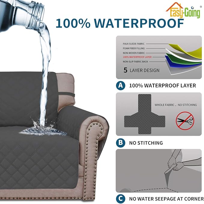 Easy-Going Sofa Slipcover Waterproof Couch Cover for 3 Cushion Couch Sofa Cover Furniture Protector Cover Pets Covers Washable Non-Slip Fabric Pets Kids Children Dog Cat (Sofa, Dark Gray)