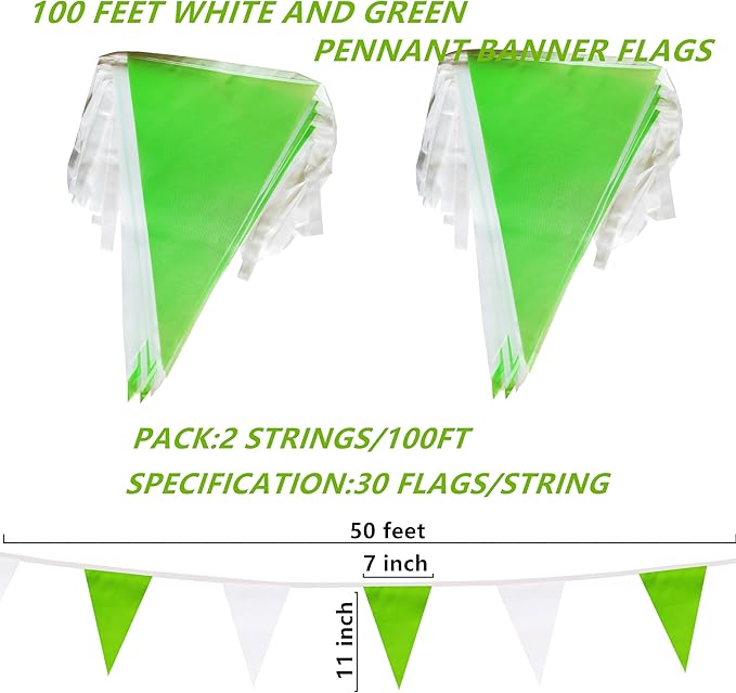100 Feet Green & White Pennant Banner Flags String Hanging Green & White DIY Triangle Bunting Flags,Party Decorations for Grand Opening,Party Events Celebration,Kids Birthday,60 Pcs