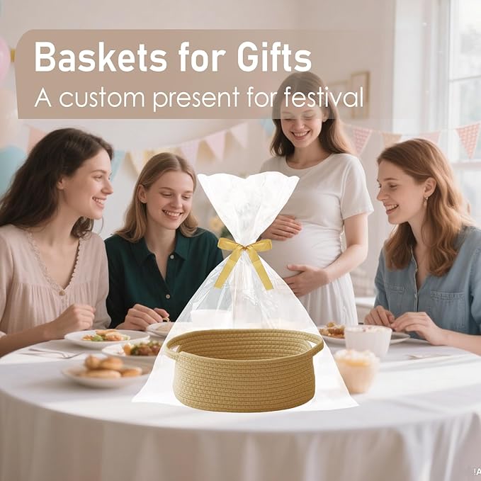 JMvicyroam Woven Basket,Small Rope Storage Bin with Handles & Ribbon Bag, Organizer for Shelves Closets,Gift Basket Empty for Birthday,Books,Dog Toys, Jute/2 Pack