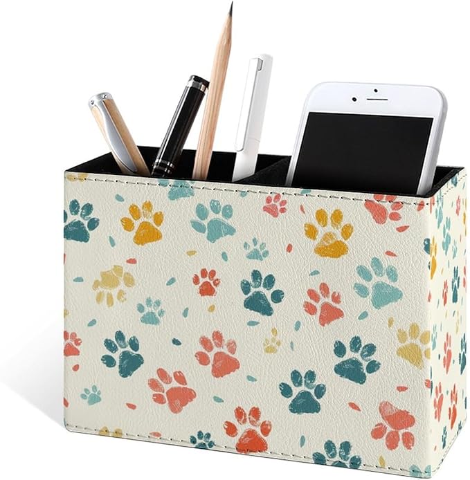 Famame Paws Colorful Vintage Pencil Holder for Desk, Leather Desktop Container Pen Cup Storage Study Table Pen Organizer Makeup Brush Holder for Classroom Office Home