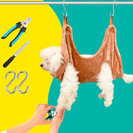 Dog Grooming Kit, Dog Grooming Supplies, Dog Grooming Hammock, Dog Grooming Harness, Dog Nail Clippers, Dog Nail Grinder, Hooks, Dog Hammock Kit for Nail Trimming/Hair Trimming(Coffee, S)