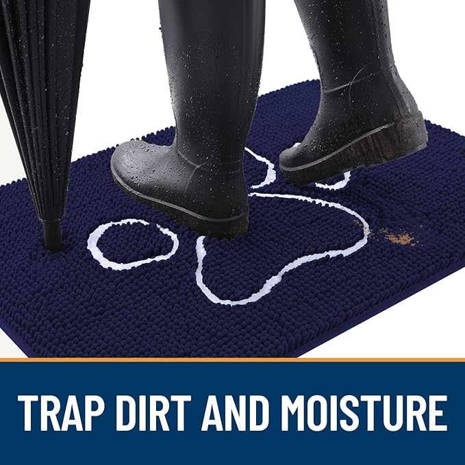 OLANLY Dog Door Mat for Muddy Paws 34x21, Paw Print Design, Absorbs Moisture and Dirt, Absorbent Non-Slip Washable Doormat, Quick Dry Chenille Mud Mat for Dogs, Entry Indoor Entryway Carpet, Navy Blue