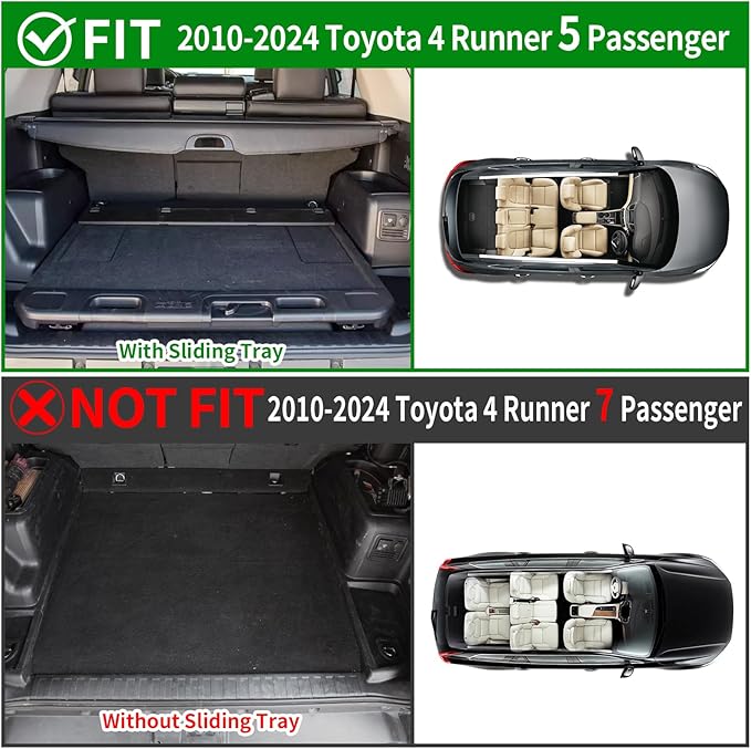 powoq Cargo Mat Compatible with 2010-2024 Toyota 4Runner Trunk Mat Replacement for 2010-2024 Toyota 4Runner Accessories 5 Seater-No 3rd seat (Fit W/Sliding Tray, Trunk Mat+Backrest Mats)