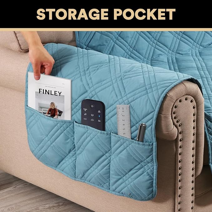 PrinceDeco 100% Waterproof Chair Sofa Slipcover for Living Room Water Resistant Couch Cover Furniture Protector Cover with Elastic Straps for Pets Kids Children Dog Cat(Chair 23", Smoke Blue)