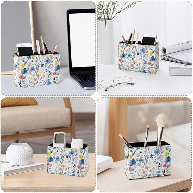 Famame Watercolor Colorful Floral Leaves Pencil Holder for Desk, Leather Desktop Container Pen Cup Storage Study Table Pen Organizer Makeup Brush Holder for Classroom Office Home