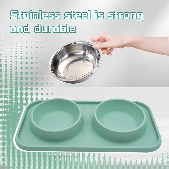 MUYG Double Dog Food Bowls Stainless Steel with No Spill Non Skid Silicone Mat Removable Dog Water and Food Bowls Set Durable Feeding for Small Dogs Puppy Cat Kitten(Blue)