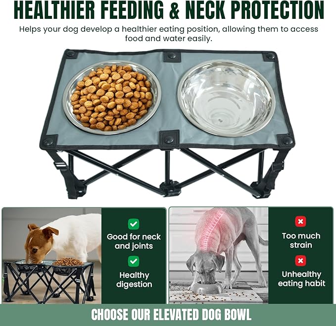 Foldable Camping Elevated Dog Bowl Stand – 10" Height Raised Dog Feeding Stand with 2 Stainless Steel Bowls 2.6" Depth – Portable Food and Water Bowl Set for Medium and Large Dogs – Black